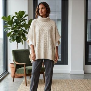 LOFT Cream Cable Knit Turtleneck Poncho Sweater